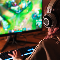 image of back of caucasian girl playing video games. 